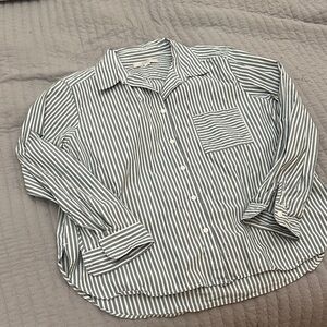 LOFT Women’s Light Olive Green and White Striped Button Down Shirt